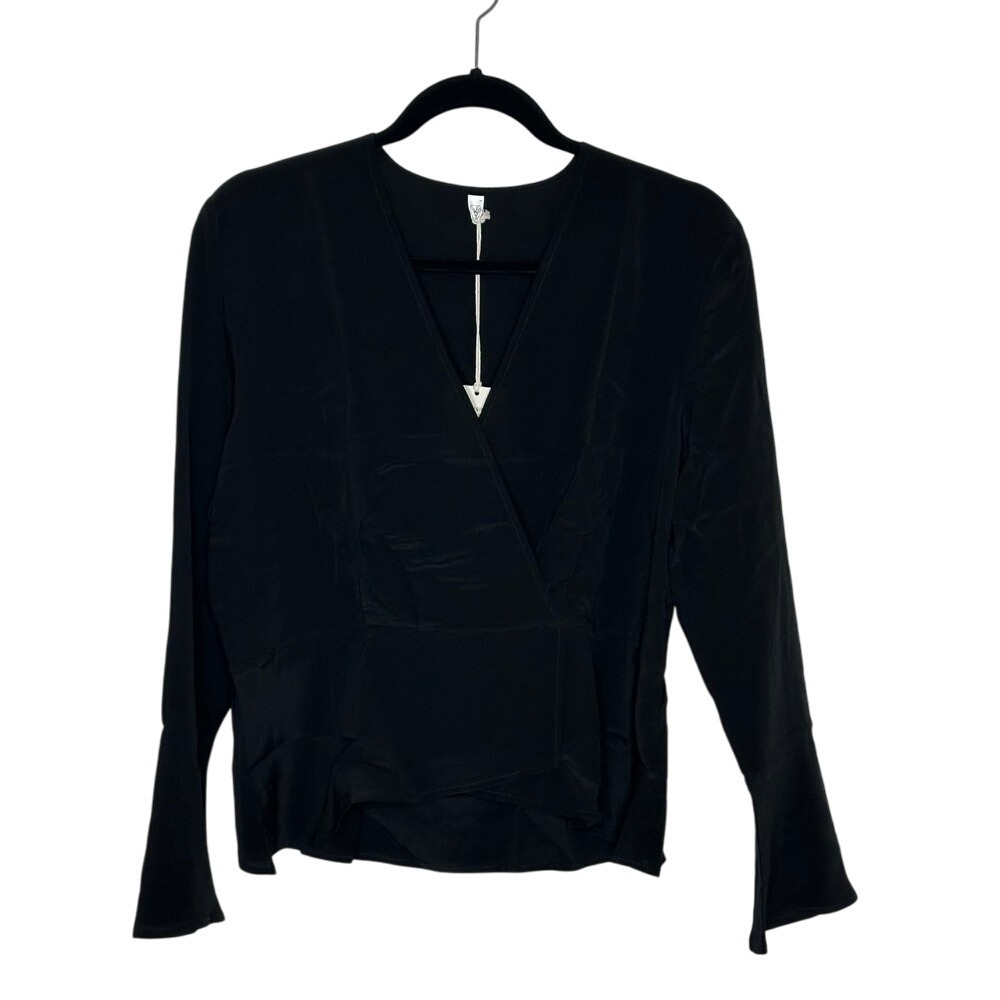 LilySilk Mulberry‎ Silk Wrap Blouse Size L Black Peplum Waist Office Classic NEW